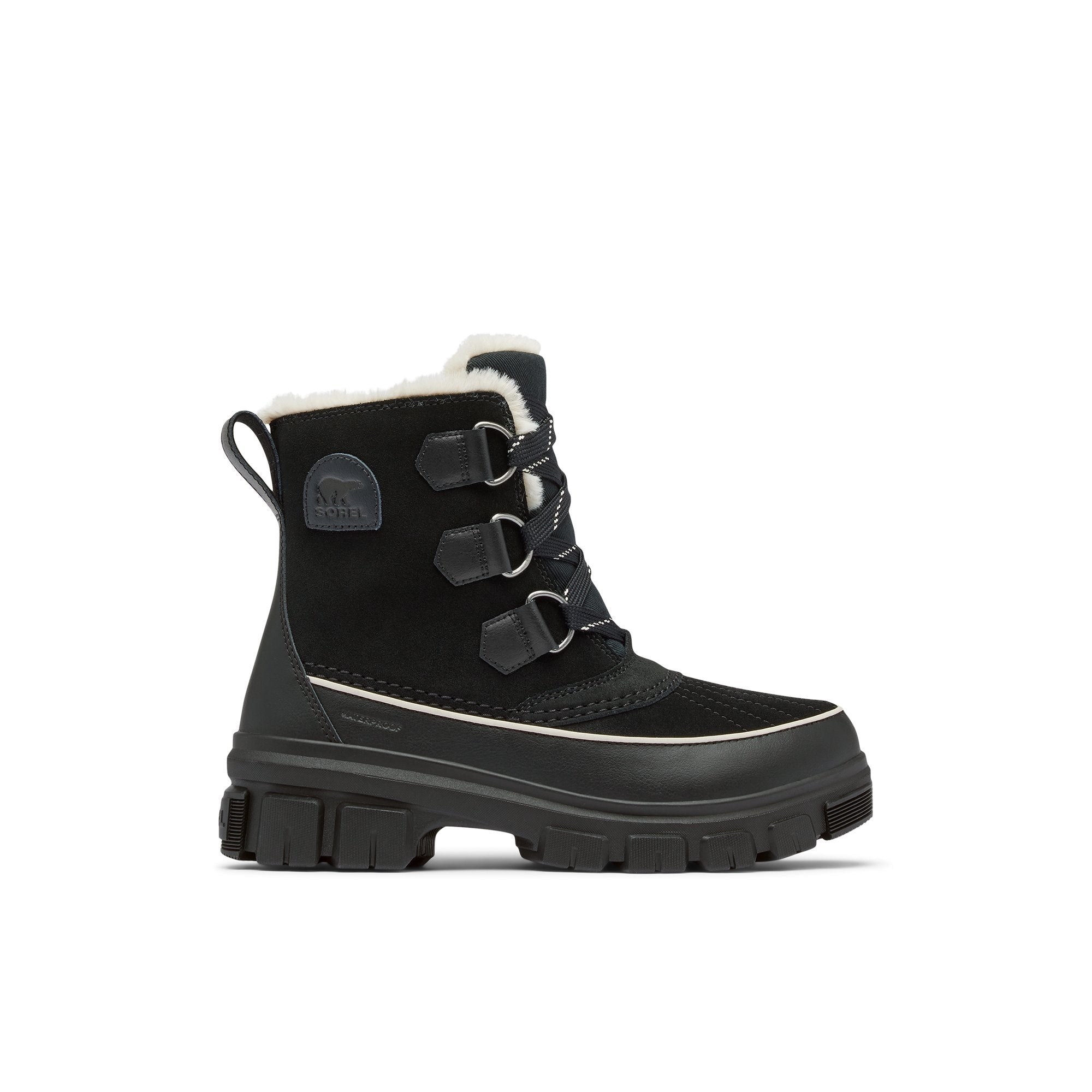Black suede winter boot with sherpa lining, lace-up front, and chunky lug sole, side view