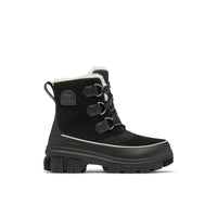 Black suede winter boot with sherpa lining, lace-up front, and chunky lug sole, side view