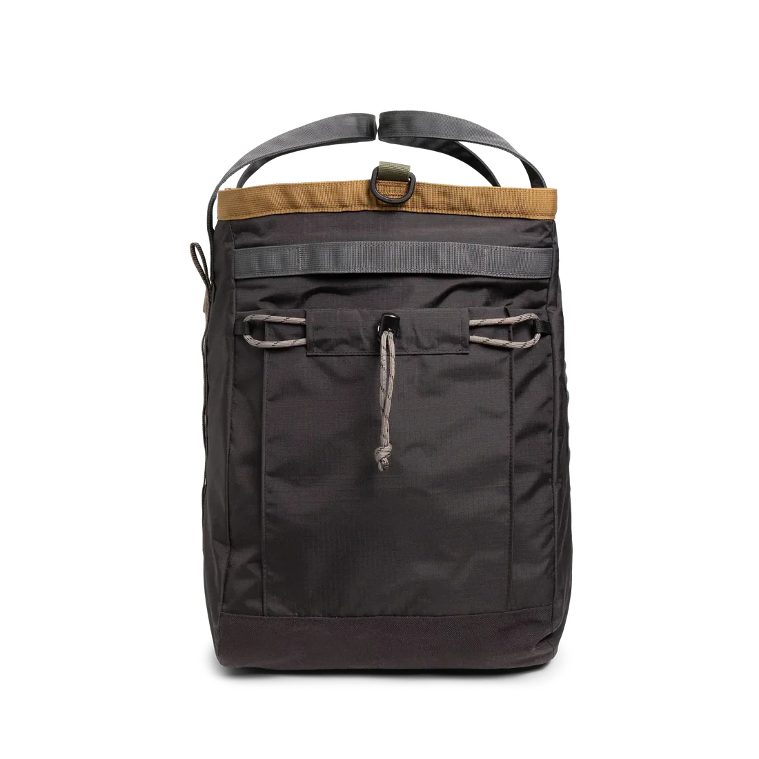 Black outdoor gear bag with brown trim, front pocket, and top handles on white background