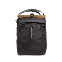 Black outdoor gear bag with brown trim, front pocket, and top handles on white background