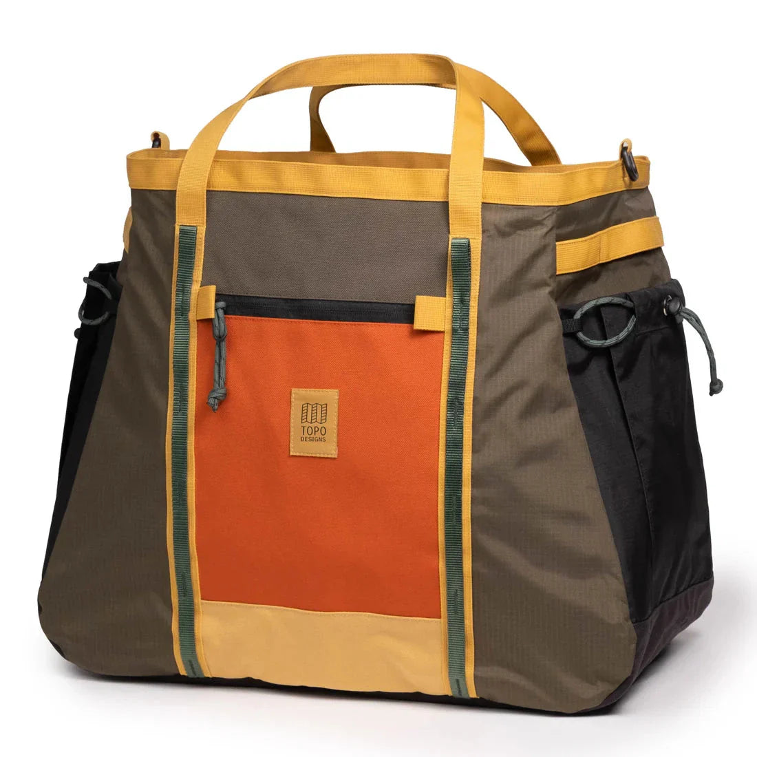Large outdoor gear bag with orange front panel, brown body, and yellow trim straps