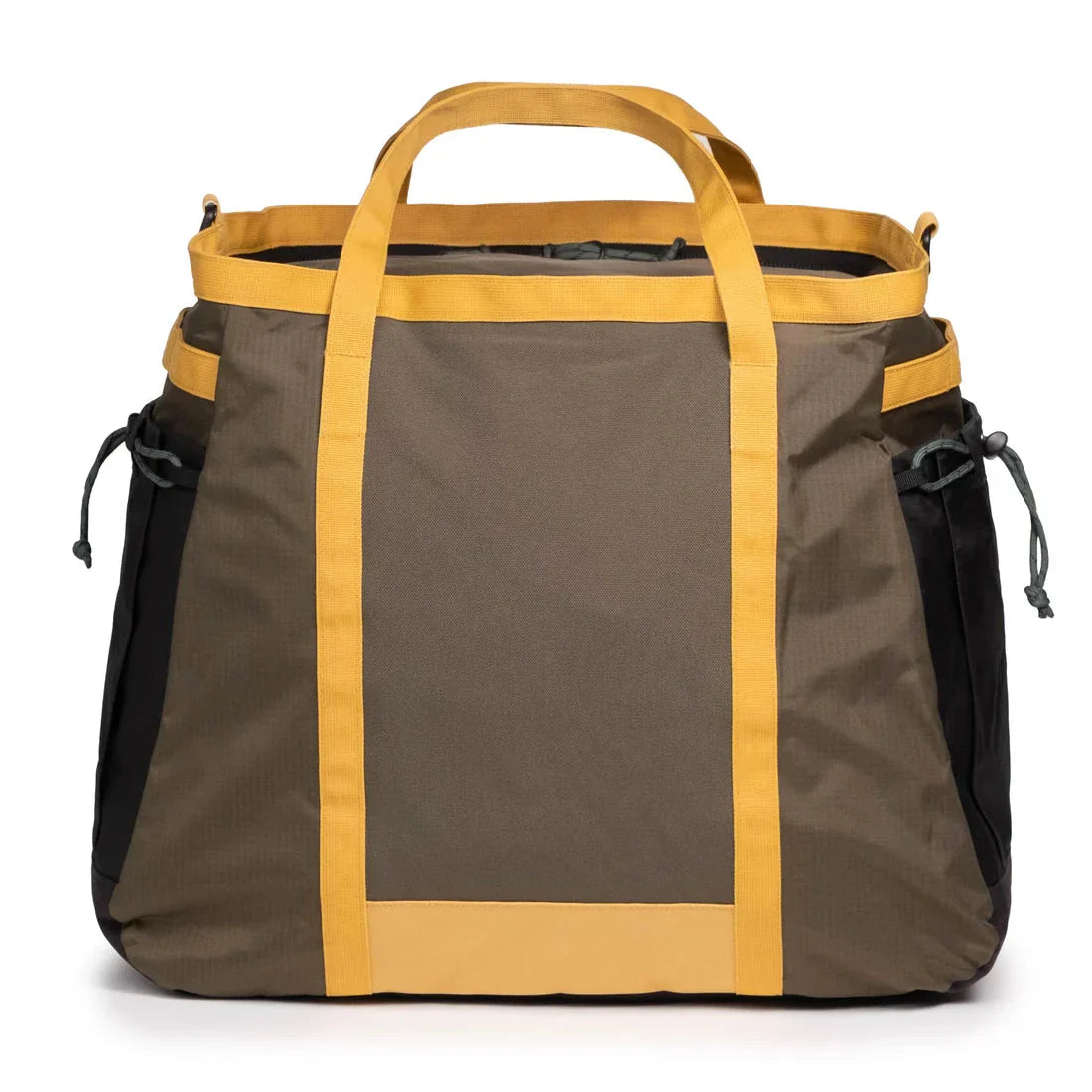 Canvas gear bag with contrasting trim, top handles and side straps, front view