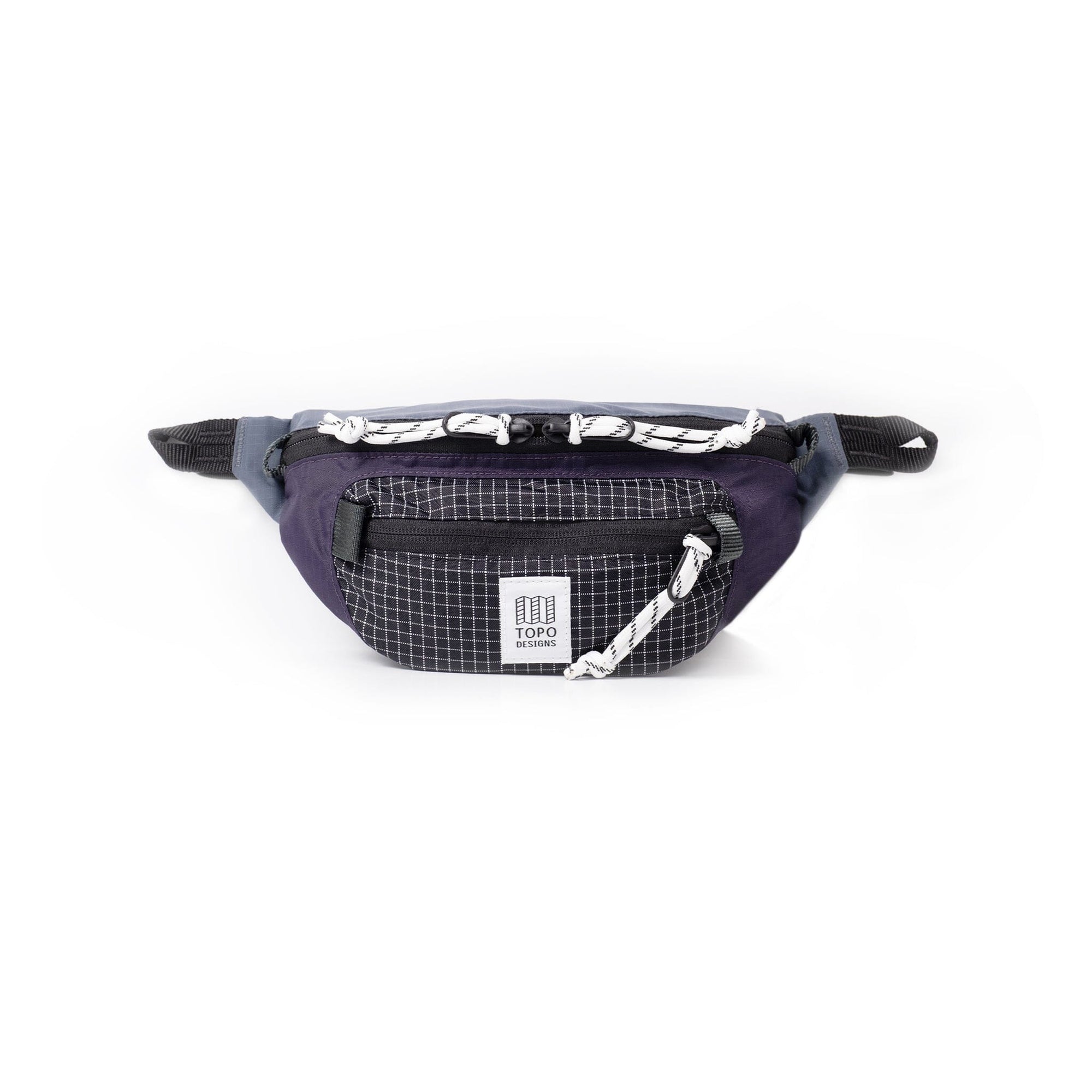 Purple waist pack with black grid pattern front pocket and white rope drawstring