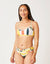 Bikini bottom with colorful abstract print pattern, mid-rise cut with side details