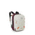 White and burgundy travel backpack with orange zipper details, side angle view