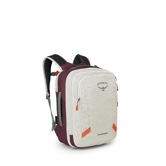 White and burgundy travel backpack with orange zipper details, side angle view
