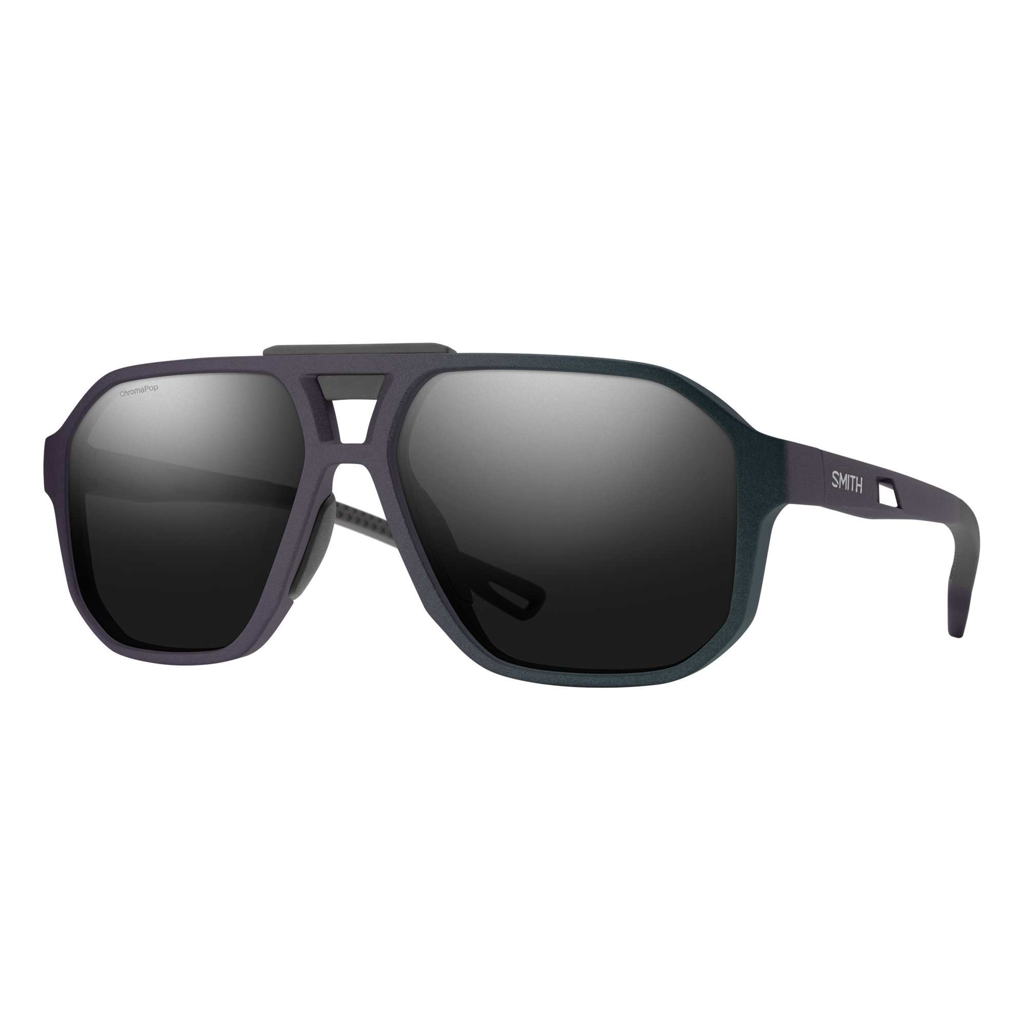 Aviator-style sunglasses with matte dark gray frame and polarized black lenses, three-quarter view
