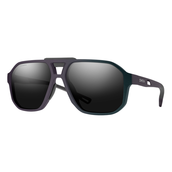 Aviator-style sunglasses with matte dark gray frame and polarized black lenses, three-quarter view