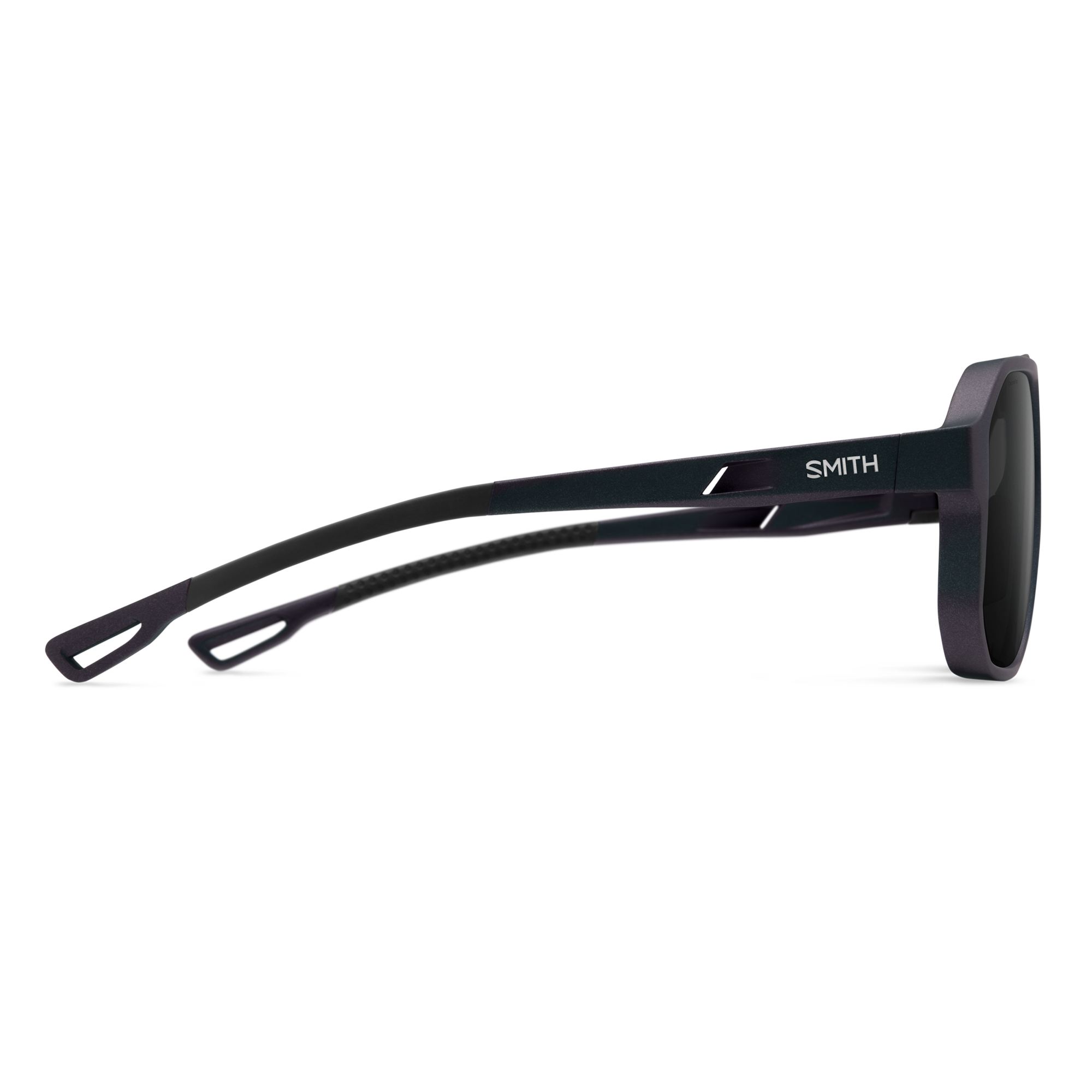 Black rectangular sunglasses shown from side profile on white background