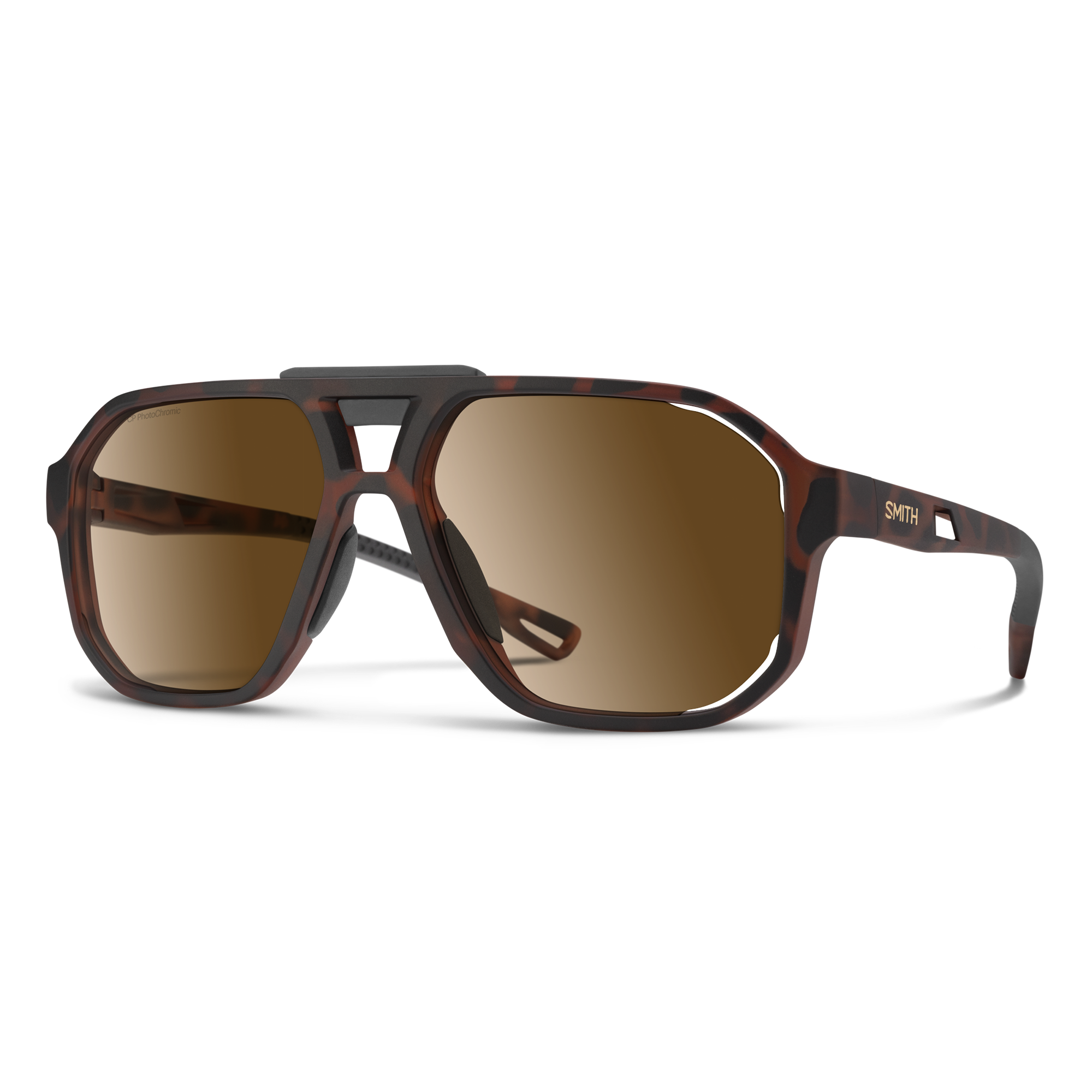 Aviator-style sunglasses with tortoise shell frame, brown photochromic lenses, and black bridge, three-quarter view