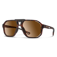 Aviator-style sunglasses with tortoise shell frame, brown photochromic lenses, and black bridge, three-quarter view