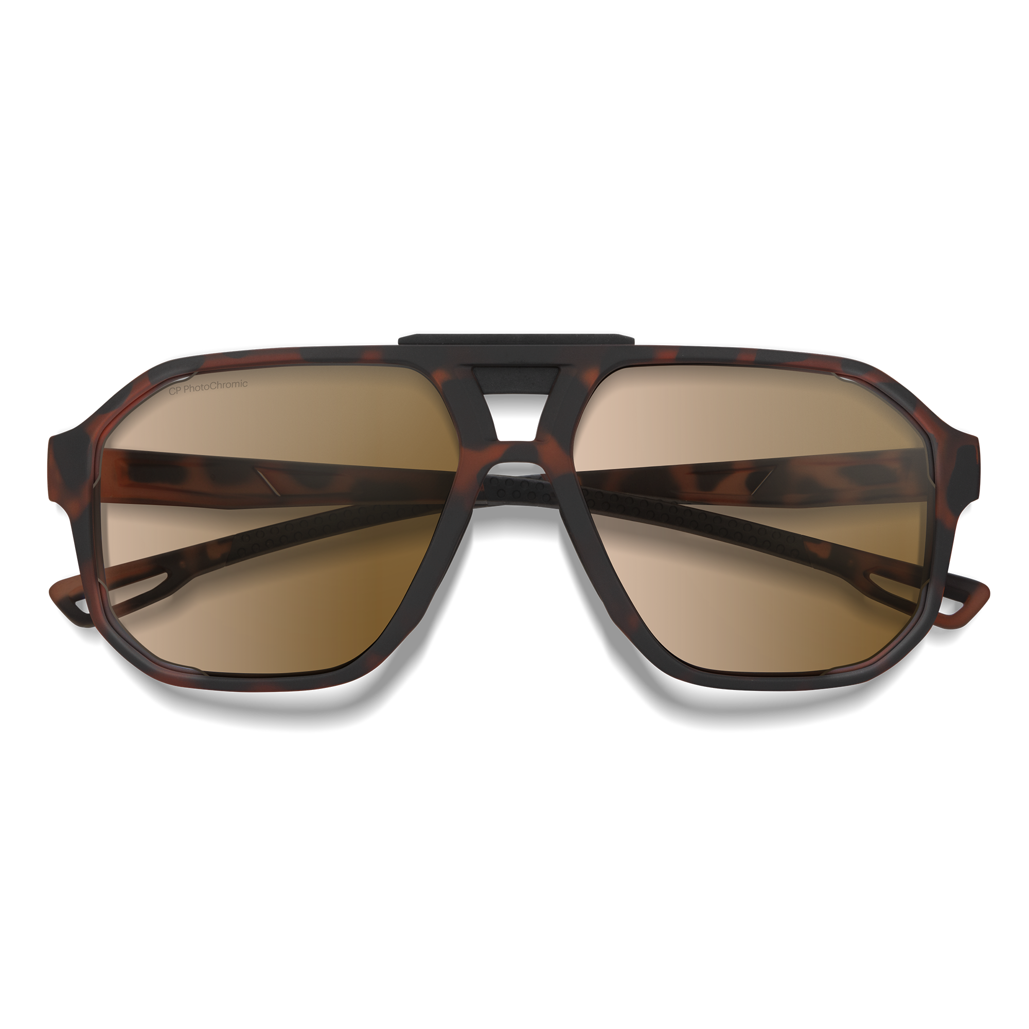 Folded aviator-style sunglasses with tortoise shell frame and amber photochromic lenses, front view