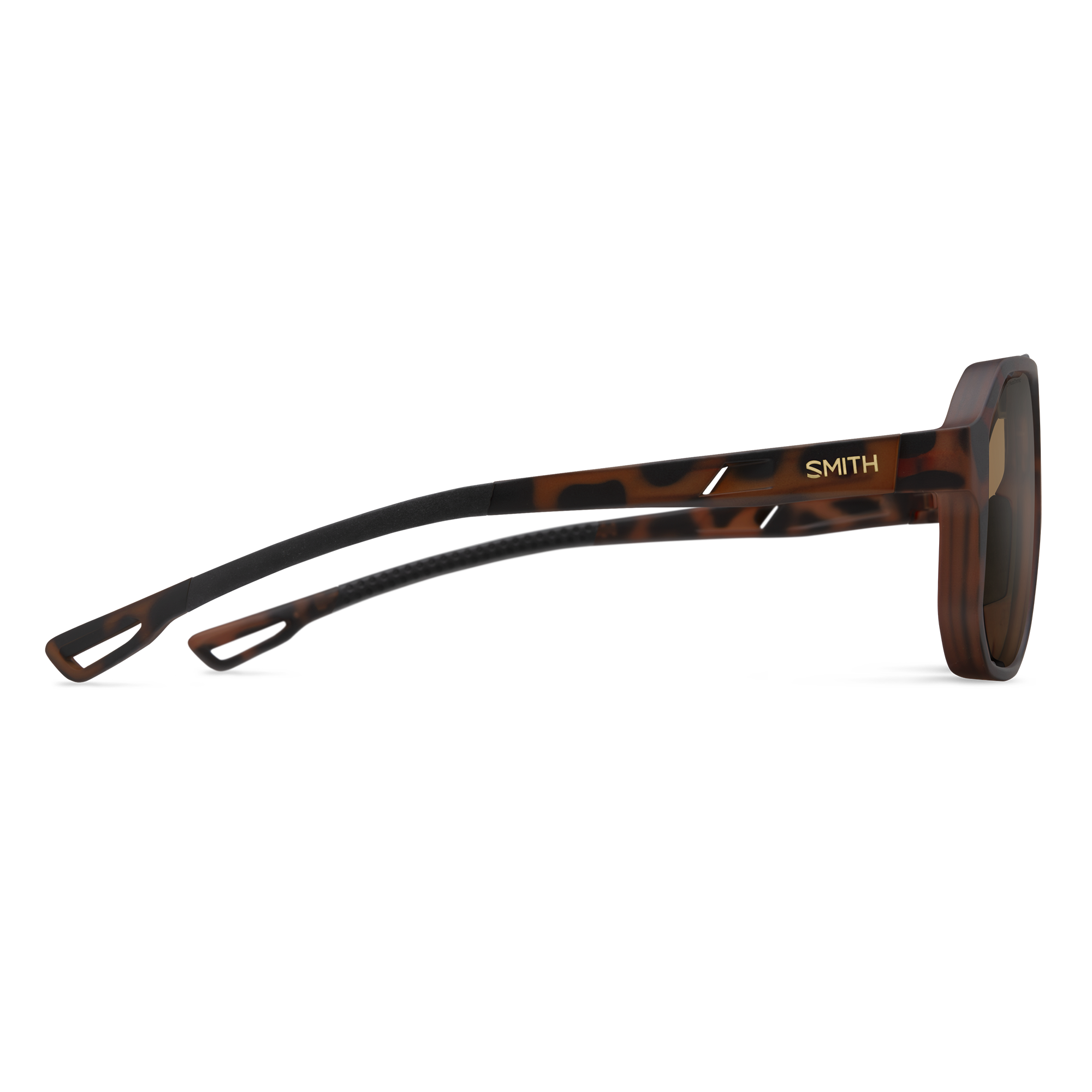Side view of tortoise shell sunglasses with brown photochromic lenses and rubber temple tips