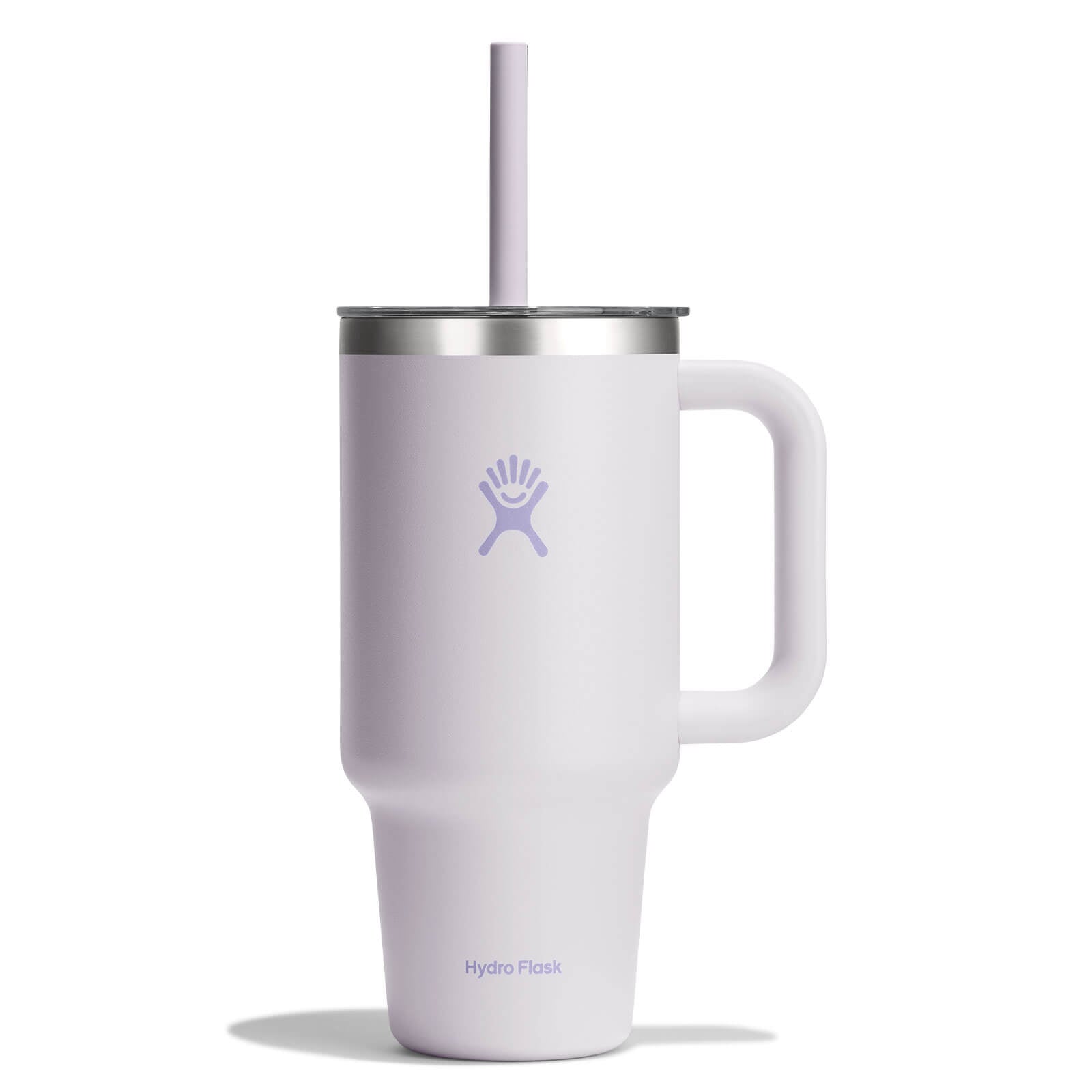 Large insulated travel tumbler with handle, straw lid, and matching straw, front view