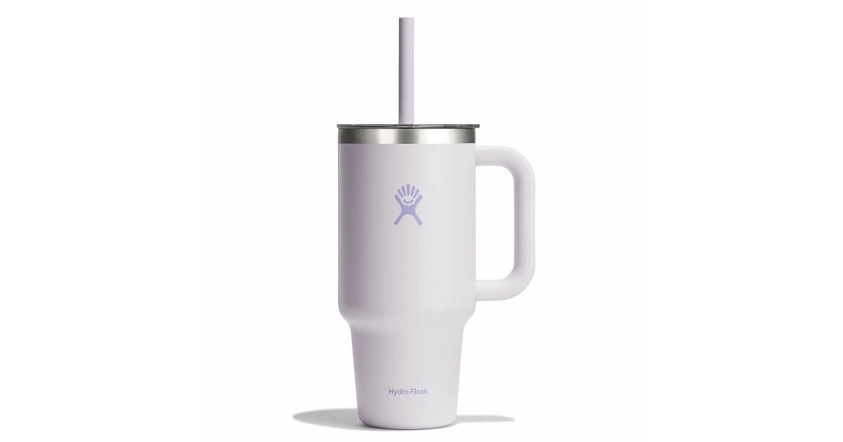 Large insulated travel tumbler with handle, straw lid, and logo, front view on white background