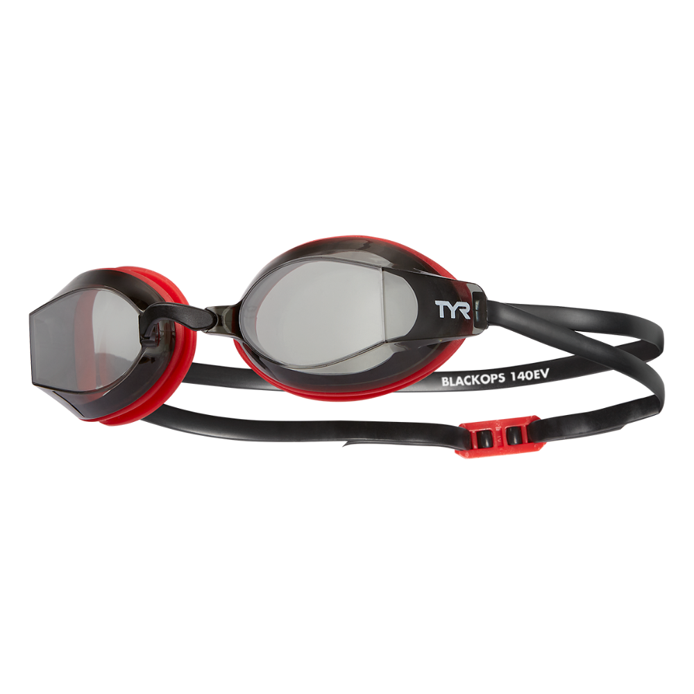 Racing swim goggles with dark lenses, black and red frame, adjustable strap