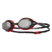 Racing swim goggles with dark lenses, black and red frame, adjustable strap