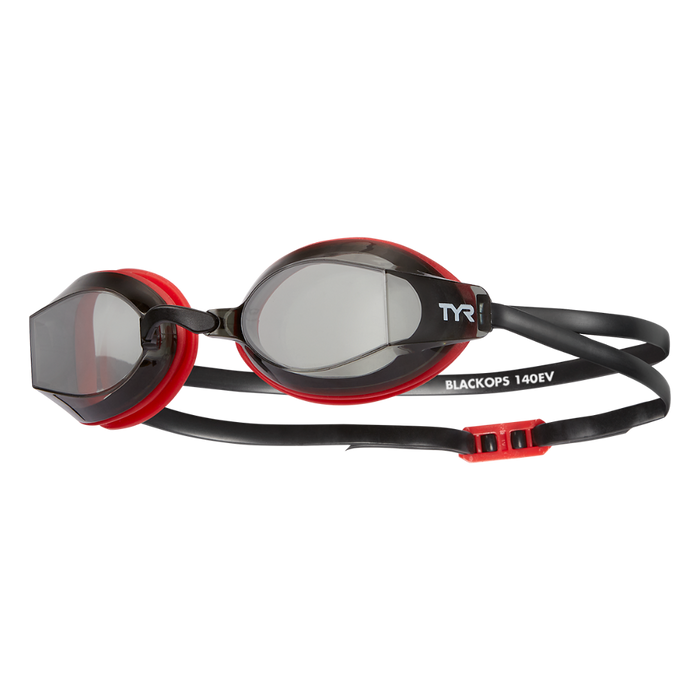 Racing swim goggles with dark lenses, black and red frame, adjustable strap
