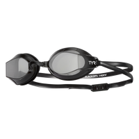 Black racing goggles with smoke tinted lenses and adjustable strap on white background