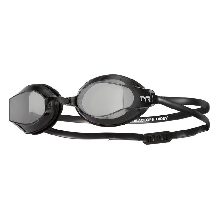 Black racing goggles with smoke tinted lenses and adjustable strap on white background