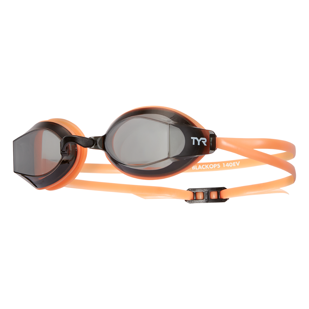 Racing goggles with tinted lenses and orange silicone straps, side profile view