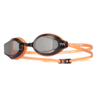 Racing goggles with tinted lenses and orange silicone straps, side profile view