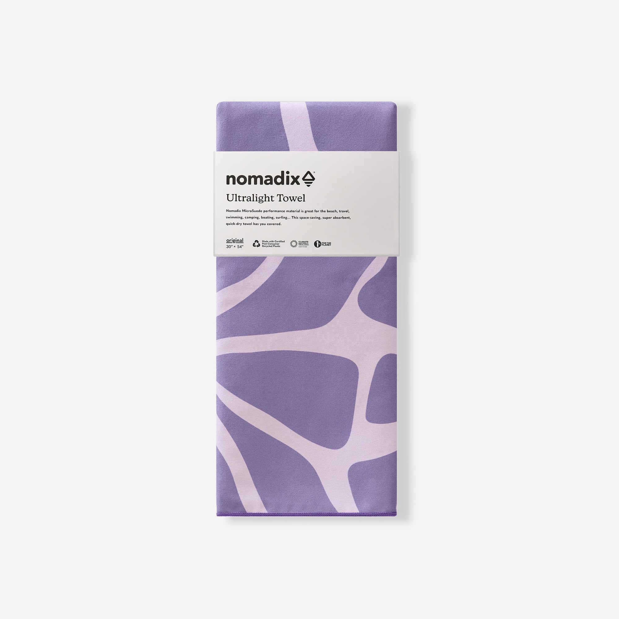 Purple patterned ultralight towel in packaging with abstract flowing design
