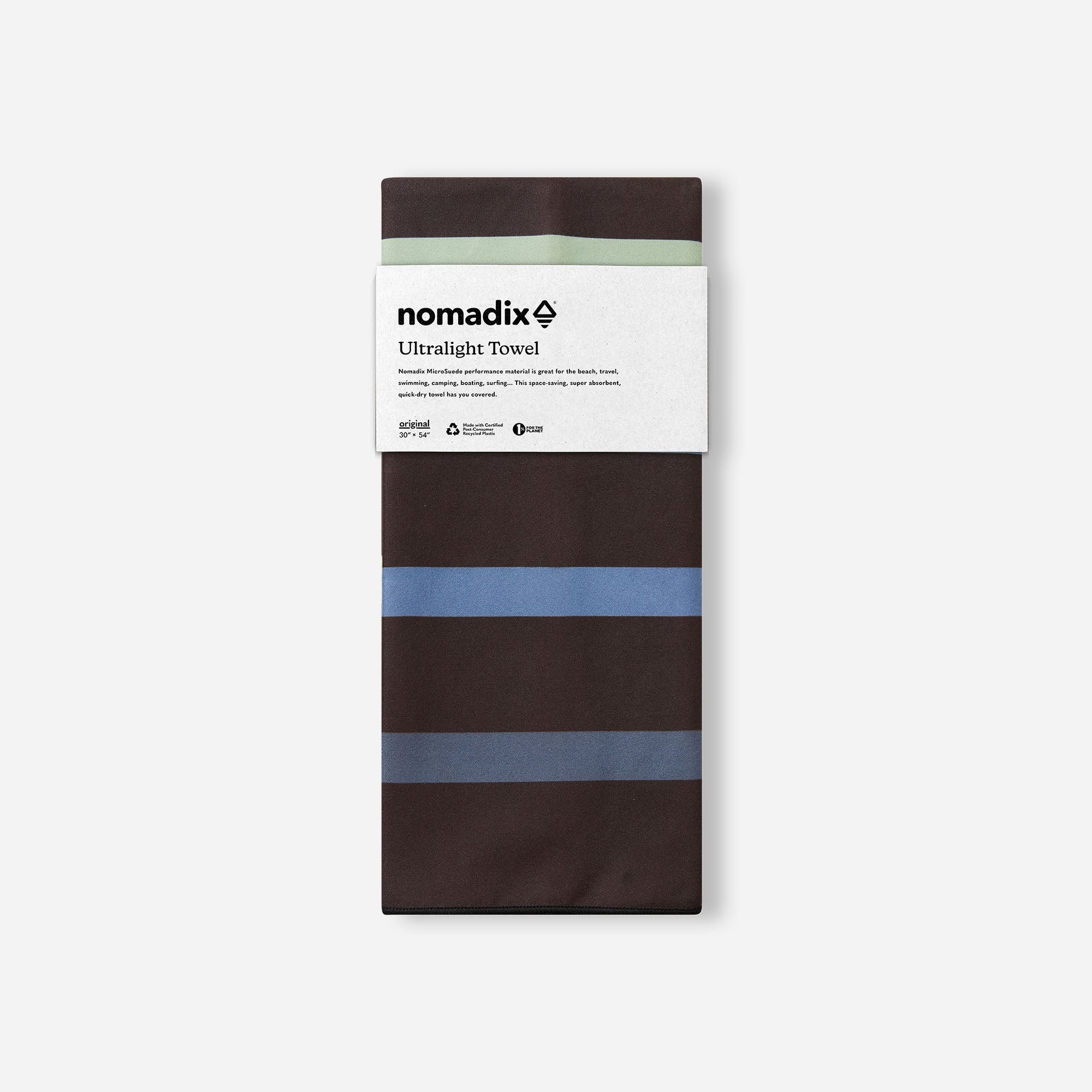 Striped microfiber towel in packaging with horizontal bands of brown, blue, and green