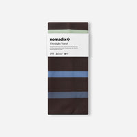 Striped microfiber towel in packaging with horizontal bands of brown, blue, and green