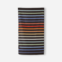 Rectangular towel with dark background and colorful horizontal stripes in blue, green, orange, and yellow