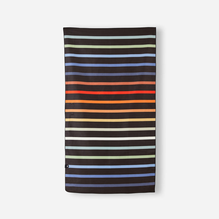 Rectangular towel with dark background and colorful horizontal stripes in blue, green, orange, and yellow