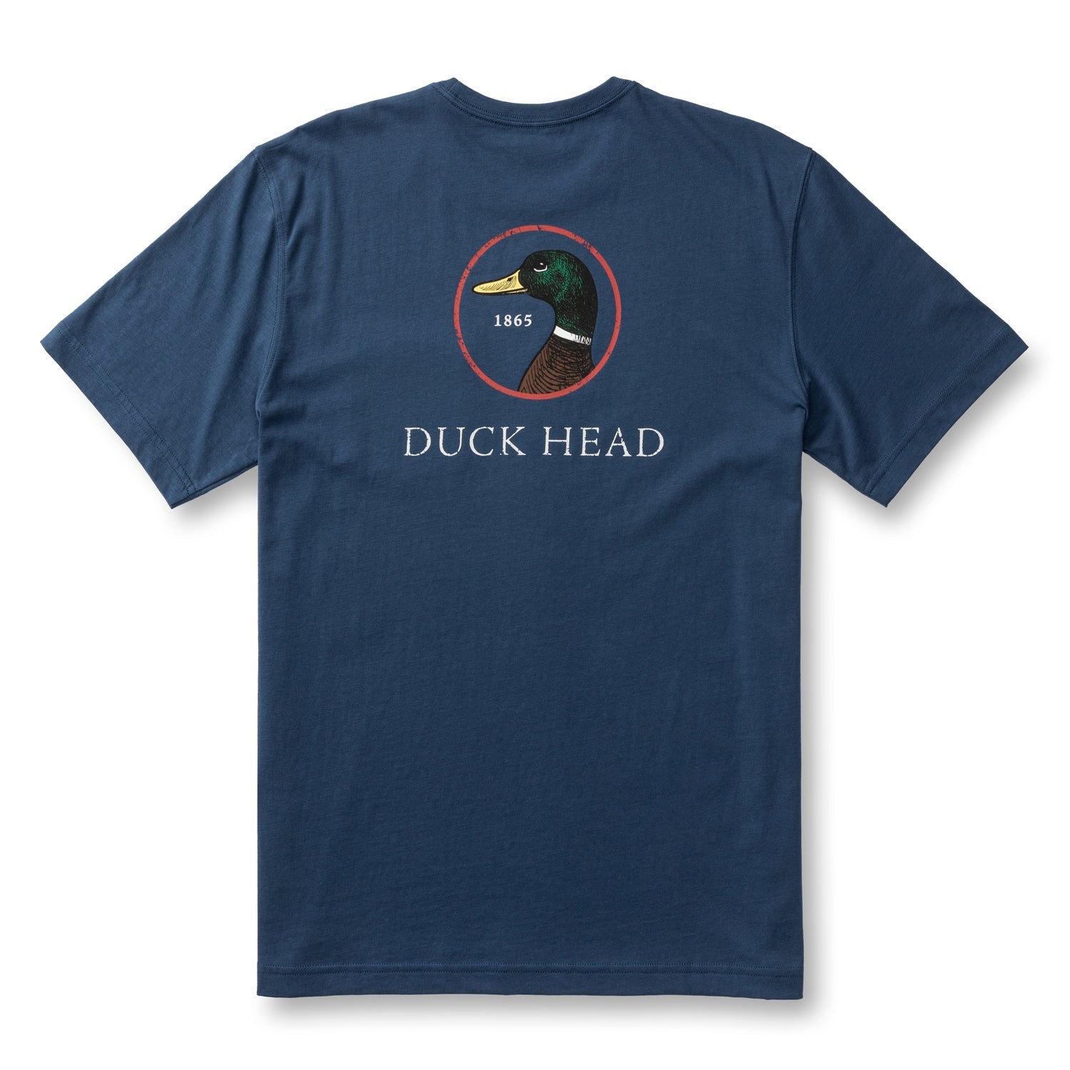 Navy blue short sleeve t-shirt with duck logo on back, laid flat