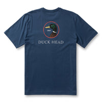 Navy blue short sleeve t-shirt with duck logo on back, laid flat