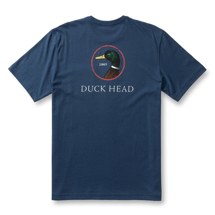 Navy blue short sleeve t-shirt with duck logo on back, laid flat