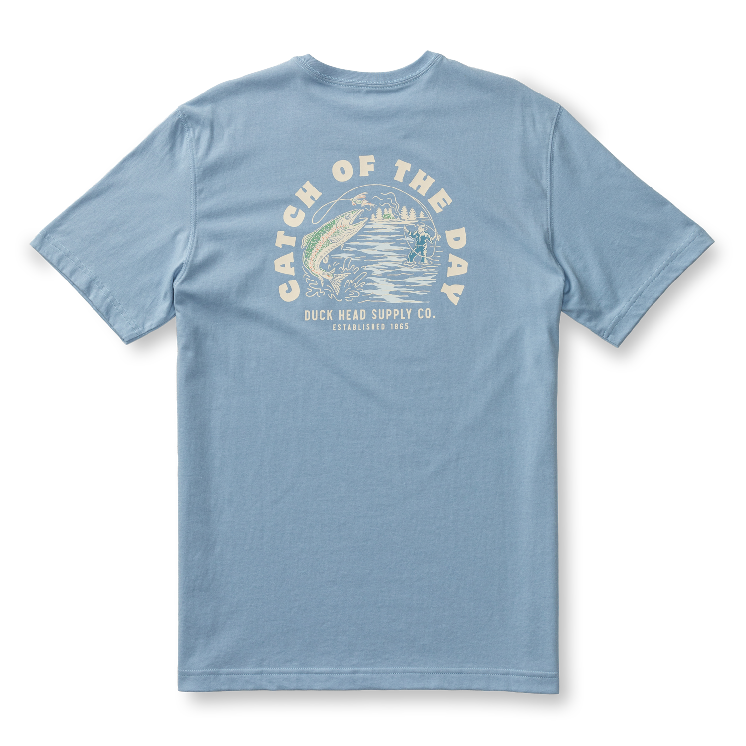 Light blue t-shirt with fishing graphic design on back, laid flat view