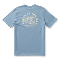 Light blue t-shirt with fishing graphic design on back, laid flat view