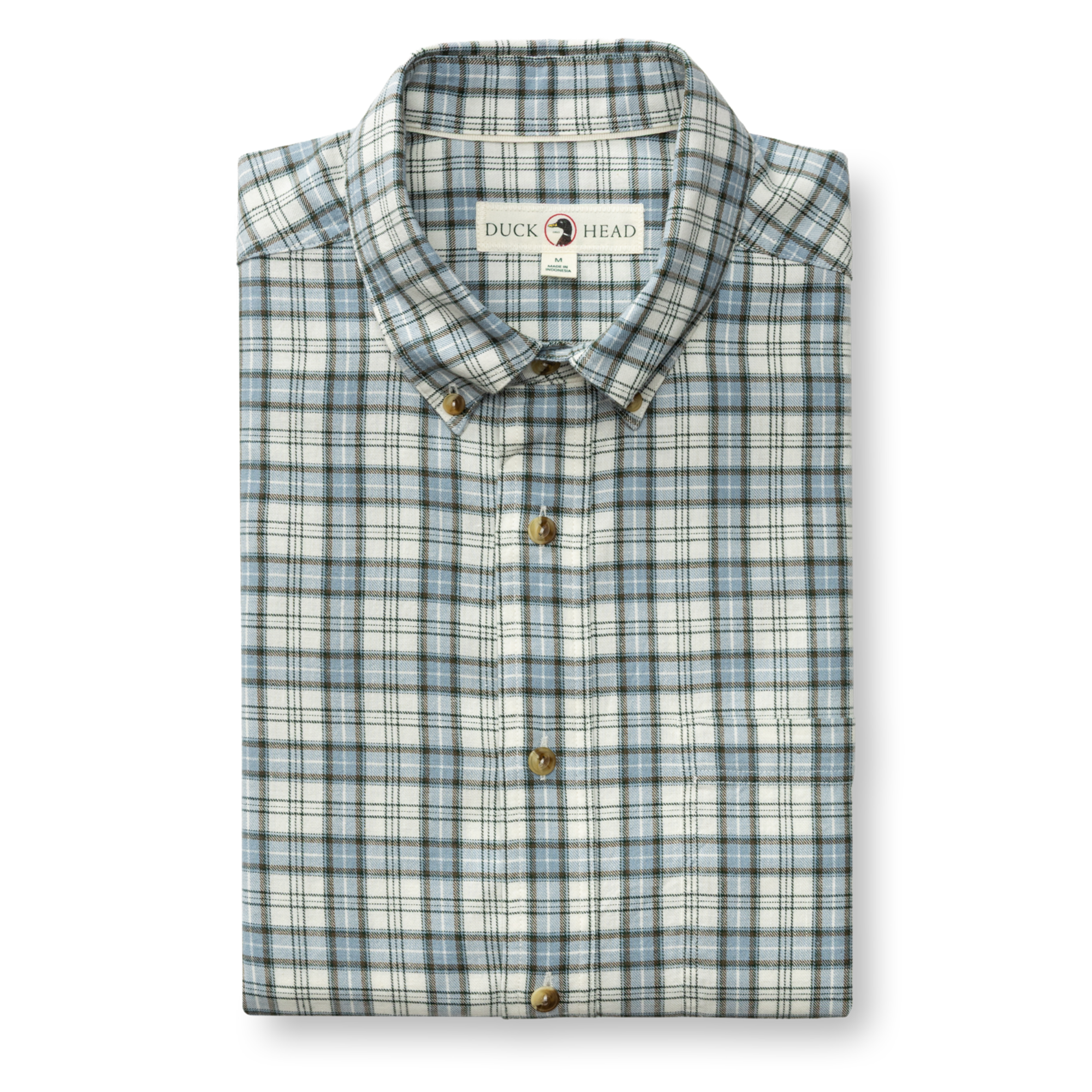 Folded men's long-sleeve plaid button-down sport shirt with button-down collar and brass buttons
