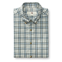 Folded men's long-sleeve plaid button-down sport shirt with button-down collar and brass buttons