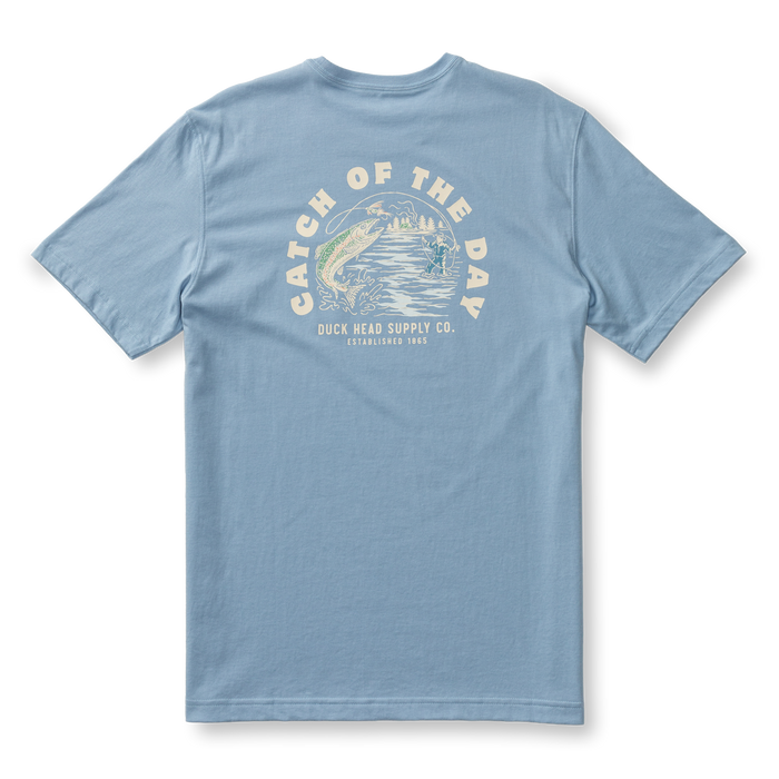 Light blue t-shirt with fishing graphic design on back, laid flat view