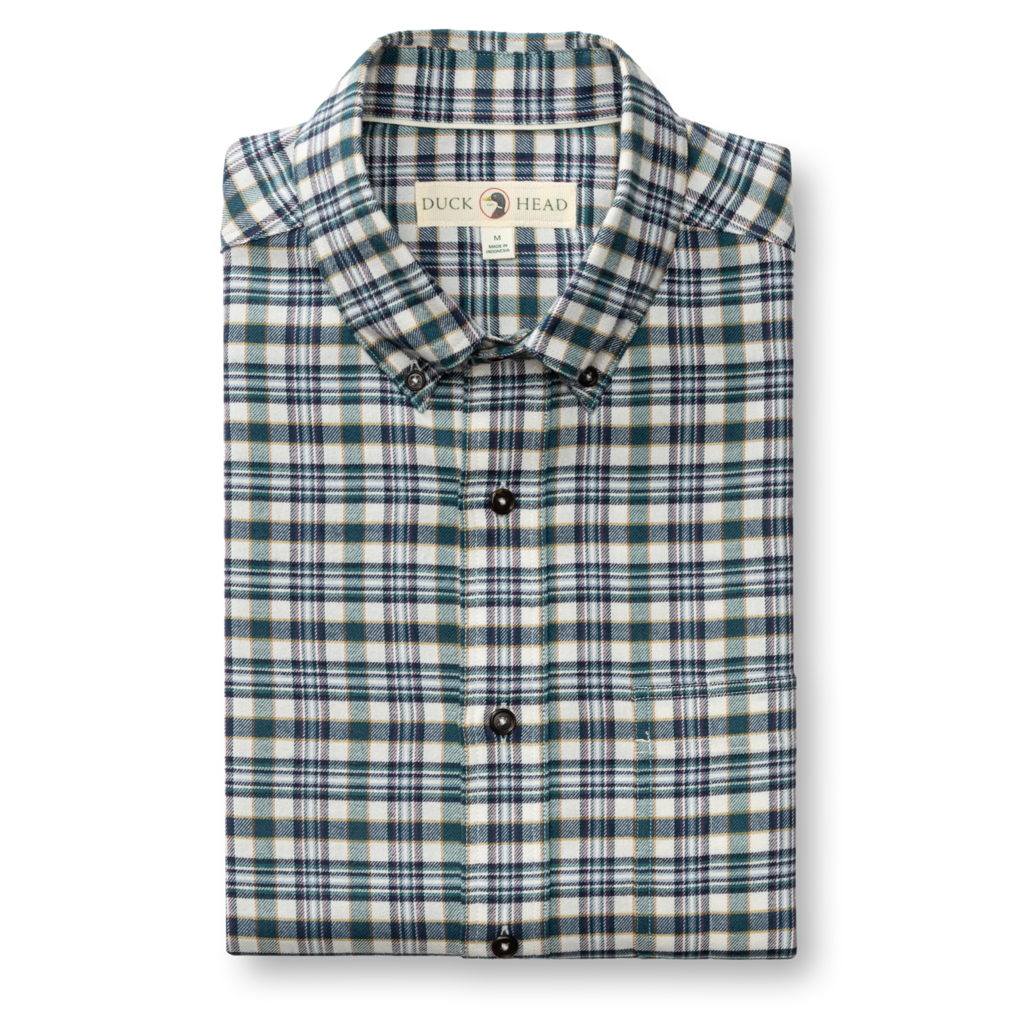 Folded men's long-sleeve plaid flannel button-down shirt with button-down collar, teal and navy check pattern