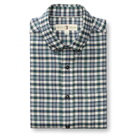 Folded men's long-sleeve plaid flannel button-down shirt with button-down collar, teal and navy check pattern