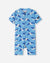 Children's short-sleeve UV swimsuit in blue with seagull print, front zipper, flat lay view
