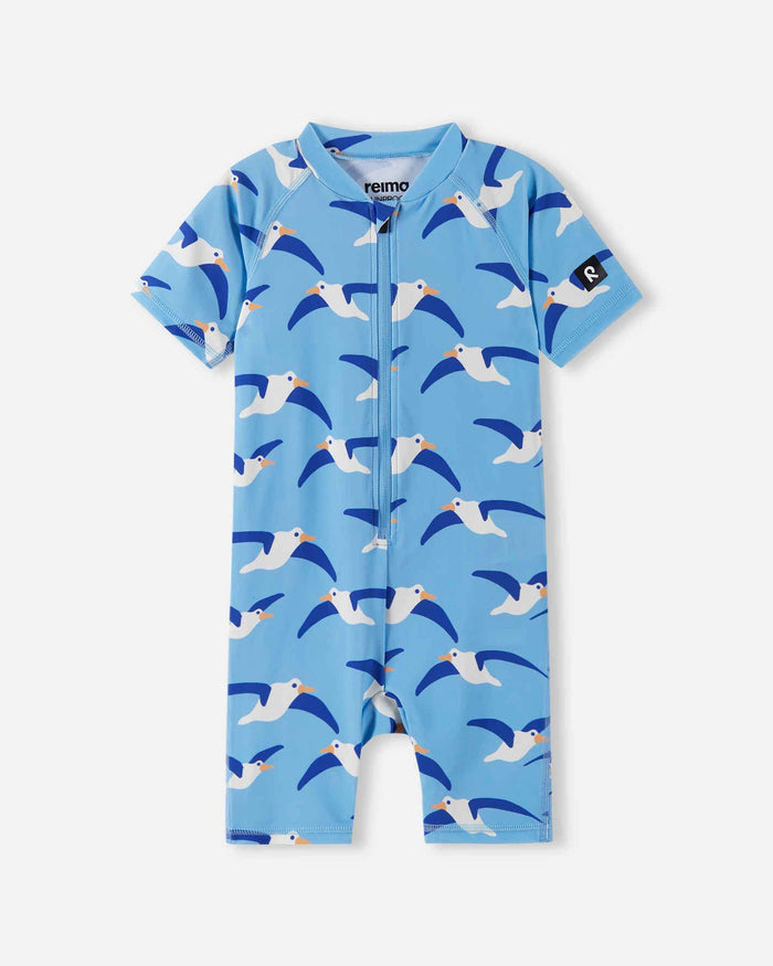 Children's short-sleeve UV swimsuit in blue with seagull print, front zipper, flat lay view