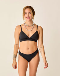 Black reversible bikini bottom shown on model with matching triangle top, front view