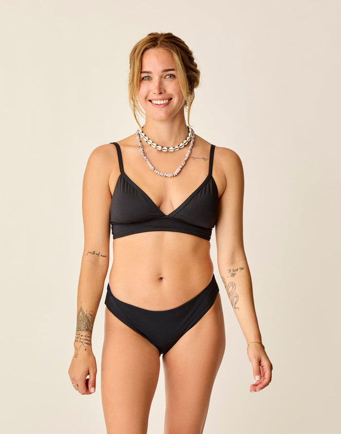 Black reversible bikini bottom shown on model with matching triangle top, front view