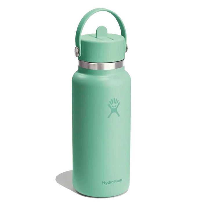 32oz wide mouth insulated water bottle with flex straw cap and carry handle, angled view