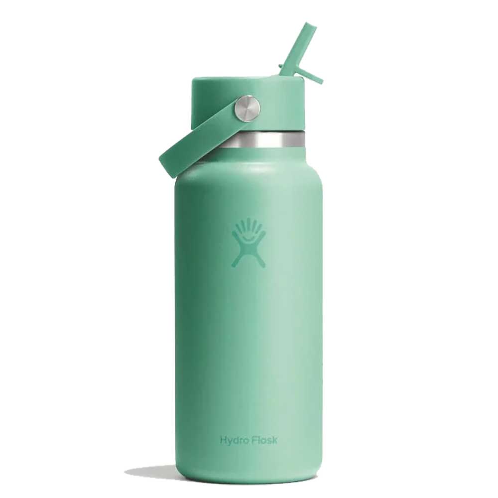 32oz wide mouth insulated steel water bottle with flex straw lid and carry handle, straight-on view