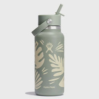 32oz wide mouth insulated water bottle with flex straw cap and botanical leaf design, three-quarter view