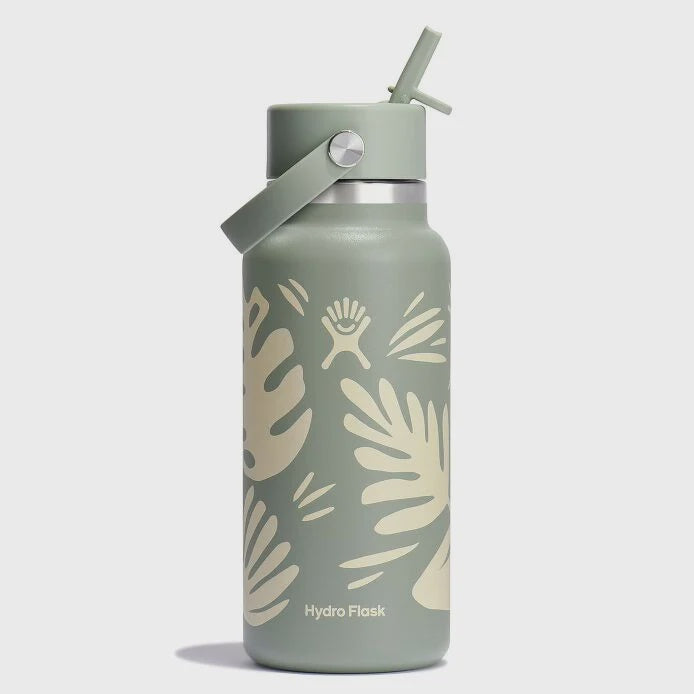32oz wide mouth insulated water bottle with flex straw cap and botanical leaf design, three-quarter view