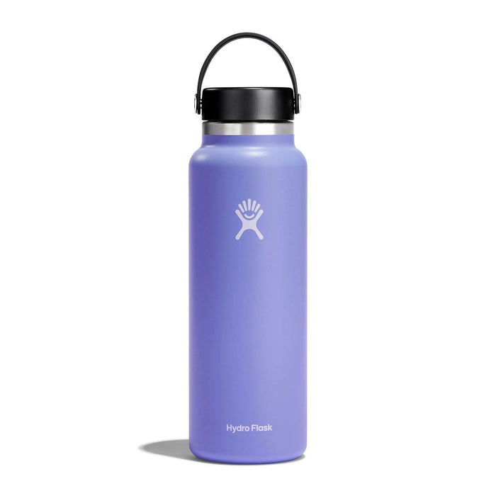 Purple wide-mouth insulated water bottle with black flex cap and carry handle, front view